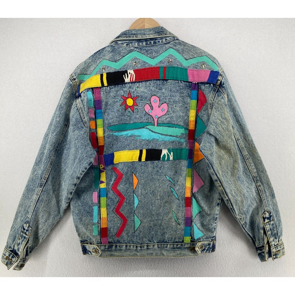 JD DESIGNWORKS Jacket Mens L Painted Applique Denim Trucker Button Up Blue VTG - Picture 2 of 16